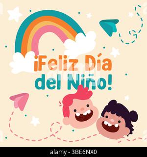 Bambini felici e scena arcobaleno. Vettore Illustrazione Vettoriale