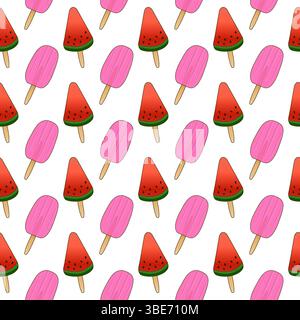 Motivo estivo cartoni animati senza cuciture con illustrazione vettoriale di un gelato colorato su uno sfondo bianco. Per l'estate, cibo, dessert, rinfreschi Illustrazione Vettoriale