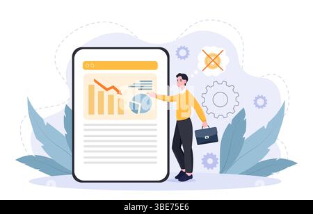 Crisi finanziaria online. Uomo con valigetta vicino allo smartphone con grafici e diagrammi in caduta. Crisi economica e recessione, inflazione. Triste commerciante e.. Illustrazione Vettoriale