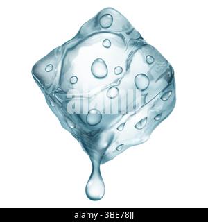 Ampio e realistico cubetto di ghiaccio traslucido di colore grigio con gocce d'acqua che lo scorrono, isolato su sfondo bianco. Trasparenza solo in forma vettoriale Illustrazione Vettoriale