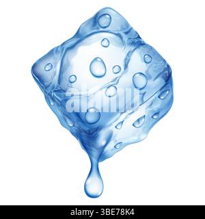 Grande e realistico cubetto di ghiaccio traslucido di colore blu con gocce d'acqua che lo scorrono, isolato su sfondo bianco. Trasparenza solo in forma vettoriale Illustrazione Vettoriale