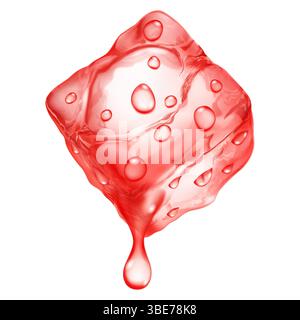 Grande e realistico cubetto di ghiaccio traslucido di colore rosso con gocce d'acqua che lo scorrono, isolato su sfondo bianco. Trasparenza solo nella forma vettoriale Illustrazione Vettoriale