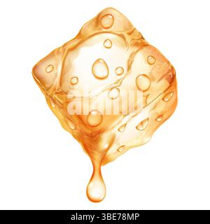 Grande e realistico cubetto di ghiaccio traslucido di colore giallo con gocce d'acqua che lo scorrono, isolato su sfondo bianco. Trasparenza solo nel vettore fo Illustrazione Vettoriale