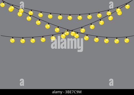 Luce sospesa garland. Lampadine luminose gialle. Luci natalizie a corda. Sfondo grigio vettoriale. Illustrazione Vettoriale