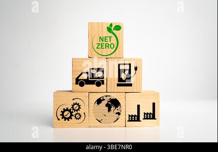 Blocchi di legno disposti a piramide che mostrano emissioni nette pari a zero, trasporti ecologici, energia pulita, industria verde, sostenibilità della terra, e invidio Foto Stock
