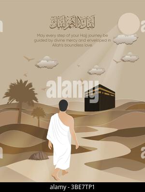 Viaggio Hajj illustrazione islamica. Pellegrino che cammina fino a Kaaba nel deserto con i raggi del sole. Mostra la sacra essenza del pellegrinaggio e della guida divina. Illustrazione Vettoriale