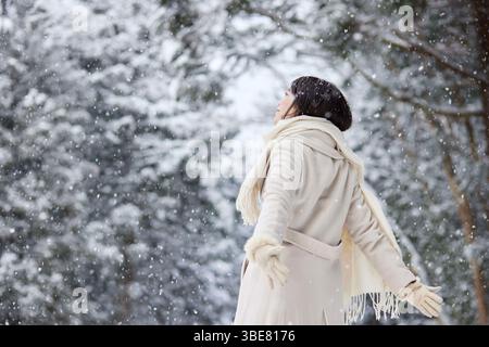Donna giapponese che indossa una sciarpa in piedi in un paese invernale innevato. Foto Stock
