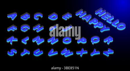 Un set completo di lettere blu neon 3D luminose con uno stile futuristico, perfette per temi di design digitale, tecnologico o fantascientifico. Illustrazione Vettoriale