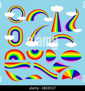 Una colorata collezione di elementi vettoriali arcobaleno con nuvole, archi e curve su sfondo blu, divertente e perfetta per i bambini o per i temi dell'orgoglio. Illustrazione Vettoriale
