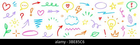 Set di icone pennello a colori per la mano con indicatore di linea. Traccia della freccia sottolineata forma della matita evidenziazione colorata per testo o disegno. Cuore a forma di stella disegnato a mano con un divertente stile doodle. Illustrazione vettoriale. Illustrazione Vettoriale