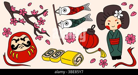 Bambole Daruma e kokeshi, rastrellatori di carpe koinobori, lanterna rossa brillante e ramo dell'albero sakura con fiori, fiori e petali - graziosa e colorata collezione di simboli culturali tradizionali giapponesi. Illustrazione Vettoriale