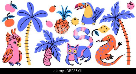 Set di adesivi tropicali retrò con personaggi animali: Pappagallo e tucano, lemure e lucertola, palme e frutti. Vivaci e originali scarabocchi in colori vivaci. Vettore esotico per la fauna selvatica per il design estivo. Illustrazione Vettoriale