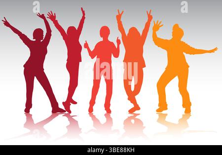 Gruppo di donne che ballano silhouette, movimento energico, pose giocose Illustrazione Vettoriale