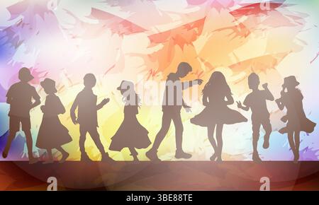 Bambini felici che ballano silhouette con sfondo astratto Illustrazione Vettoriale