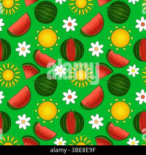 Motivo senza cuciture con fette e angurie intere, sole e fiori a margherita su sfondo verde. Succosa bacca estiva. Per l'estate, cibo, dessert, f Illustrazione Vettoriale