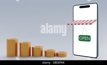 Un rendering 3D raffigura uno smartphone moderno con uno schermo bianco, monete sparse con il simbolo del dollaro e una tenda a righe su un punto vendita Foto Stock