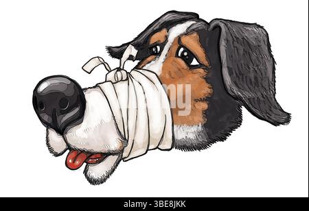 Cane illustrativo cartoni animati con la sua museruola bendata, animali feriti, cura degli animali domestici, lavori veterinari, pratica veterinaria, cani malati, che si prendono cura degli animali Foto Stock