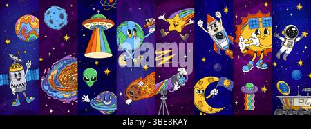 Collage di personaggi spaziali cartoni animati. Pianeti vettoriali felici, astronauta, ufo, razzo, sole, luna, alieni e stelle con vibrazioni retrò. Divertenti personaggi cosmici y2k funky e vintage che esplorano l'universo Illustrazione Vettoriale