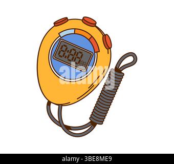 Cronometro sportivo giallo Cartoon Groovy vettoriale con tasti rossi cavo a spirale e display digitale. Attrezzature sportive d'epoca Y2K isolate per la gestione del tempo, il monitoraggio e il cronometraggio nelle attività atletiche Illustrazione Vettoriale