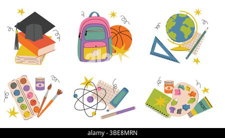 Stile classico cartoni animati ambientato a tema Back to School. Include materiale scolastico e artistico come libri, pitture, righello, globo e zaino disposti in Illustrazione Vettoriale