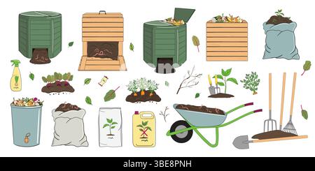 Set di attrezzature e attrezzi per il giardinaggio, rifiuti organici, fertilizzanti, compostatori in legno e plastica. Agricoltura e agricoltura. Illustrazione vettoriale disegnata a mano Illustrazione Vettoriale