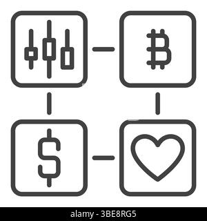 Simbolo o icona del vettore del dollaro, BTC, cuore e candela nello stile del contorno Illustrazione Vettoriale