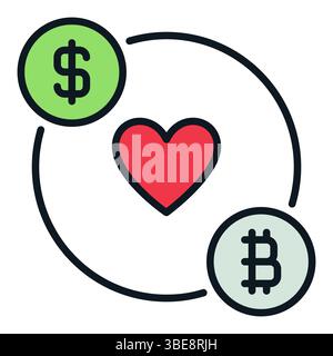 Dollaro e Bitcoin con il simbolo o icona colorata Red Heart Vector Crypto Traders and Investors Illustrazione Vettoriale