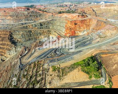 Vista aerea della miniera a cielo aperto di corta Atalaya, della miniera di rame, del Rio Tinto, del Minas de Rio Tinto, dell'Andalusia, Spagna Foto Stock