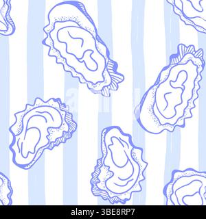 Motivo senza cuciture a tema la dolce vita con ostriche. Le conchiglie vengono stampate con un contorno blu disegnato a mano su sfondo a strisce. Vettoriale blu disegnato a mano ispirato all'estetica estiva italiana. Illustrazione Vettoriale