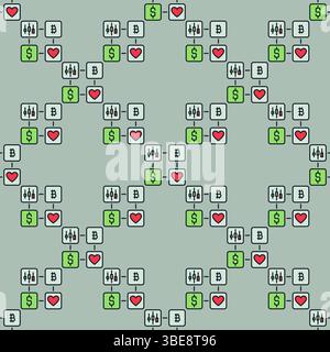 Dollar, Bitcoin, Red Heart and Candle Chart Vector Concept motivo colorato senza cuciture Illustrazione Vettoriale