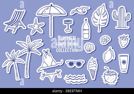 Collezione estiva disegnata a mano. Palme, gelato, frutta. Stile pastello da disegno, italiano. Adesivi Illustrazione Vettoriale