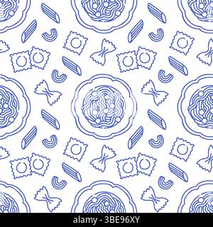 La dolce vita stuzzica pasta senza cuciture. Illustrazione vettoriale blu su bianco di poster disegnati a mano in stile italiano. Decorazioni per stampe murali, per Illustrazione Vettoriale
