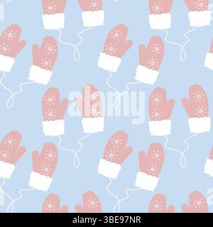 I guanti rosa su corda, pelliccia e fiocchi di neve decorano un motivo senza cuciture su sfondo blu invernale. Illustrazione vettoriale isolata schede tematiche stagionali invernali sfondo di branding o opuscoli promozionali, tag Illustrazione Vettoriale