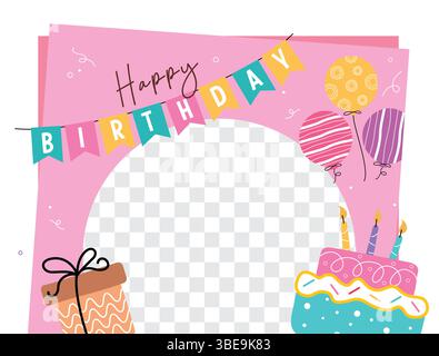 Modello di auguri di compleanno con testo e palloncini colorati, clip art per torta e confezione regalo per le feste Illustrazione Vettoriale