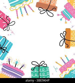 Modello da cartolina per auguri di buon compleanno con scatole regalo colorate e clip art con elementi per torte su sfondo bianco Illustrazione Vettoriale