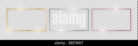 Cornici rettangolari lucide con effetti luminosi. Set di tre cornici rettangolari oro, argento e oro rosa con ombre su sfondo trasparente. Vect Illustrazione Vettoriale