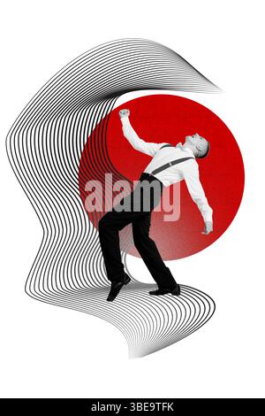 Collage fotografico 3D creativo modello grafico di tendenza della curva della linea di sfida espressione della danza in stile giovane gentiluomo ornamento di elementi geometrici Foto Stock