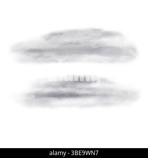 Nuvole leggere grigie. Cielo di colore neutro. Nuvole lunghe e allungate ovali. Nebbia umida e cupa. Macchie ad acquerello traslucide. Illustrazione acquerello senza Foto Stock