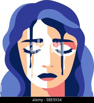 Ritratto astratto di una donna che piange con elementi colorati che gocciolano. Donna in lacrime, donna in depressione. Concetto di disturbo mentale, afflizione Illustrazione Vettoriale