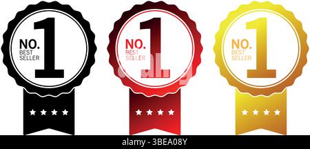 Tre distintivi a nastro BEST seller n. 1 in nero, rosso e oro con design a stella e corona Illustrazione Vettoriale