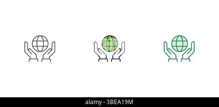 concetto di pianeta terra verde, icona, ecologia mondiale, protezione globale della natura, logo ambiente ecologico, globo con foglie, semplice simbolo a rete con linea sottile Illustrazione Vettoriale