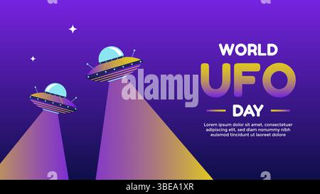 Modello di saluto World UFO Day su sfondo viola gradiente con due UFO volanti. Illustrazione di sfondo della giornata mondiale UFO Illustrazione Vettoriale