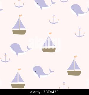 Un motivo nautico senza cuciture con adorabili balene, barche a vela e ancore in tenui colori pastello, perfetto per disegni, carte da parati e tessuti per bambini Illustrazione Vettoriale