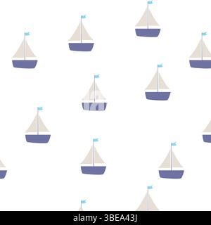 Un motivo nautico ripetitivo caratterizzato da semplici barche a vela con bandiere blu su sfondo bianco, perfetto per tessuti, carte da parati e disegni per bambini Illustrazione Vettoriale