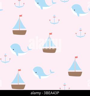Un motivo nautico senza cuciture con graziose balene blu, barche a vela e ancore su sfondo rosa pastello, ideale per disegni e tessuti a tema per bambini. Illustrazione Vettoriale