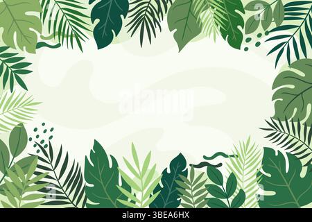 Sfondo astratto di foglie verdi tropicali, moderna cornice della giungla con foglie di mostro, palme e banana. Sfondo tropicale Wild Foliage Illustrazione Vettoriale