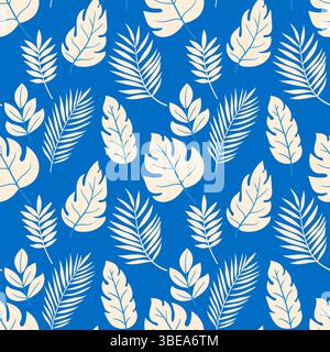 Motivo a foglie tropicali senza cuciture, design a foglie di banana, palma e monstera. Motivo bianco di foglie tropicali su sfondo blu per carta da imballaggio e tessuto Illustrazione Vettoriale