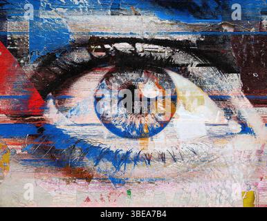 primo piano di un occhio stilizzato, creato con un effetto glitch art. La tavolozza dei colori comprende rosso, bianco, blu e nero, Foto Stock