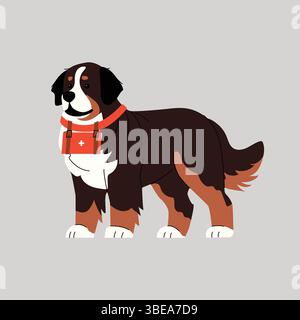 Illustrazione piatta di un cane da montagna bernese che indossa un kit di salvataggio rosso. Ideale per la cura degli animali domestici, il salvataggio in montagna, la preparazione veterinaria e di emergenza Illustrazione Vettoriale