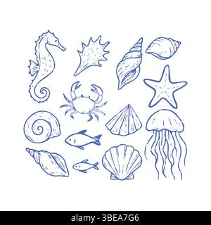 Elementi marini disegnati a mano con linee blu e rosse: cavallucci marini, conchiglie, granchi, pesci, meduse, e stelle marine. Ideale per spiaggia, vita oceanica, estate Illustrazione Vettoriale